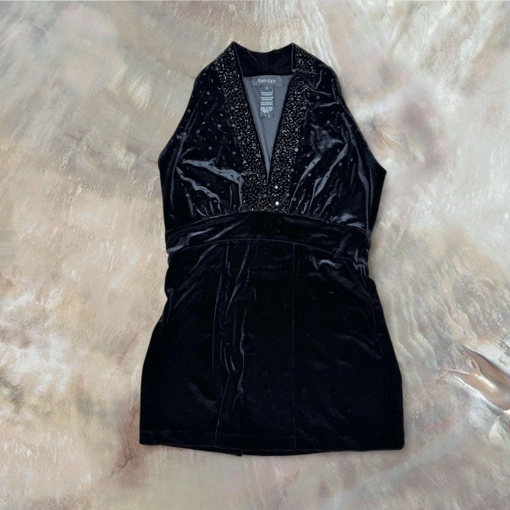 Karen Kane Beaded Black‎ Velvet Halter Top